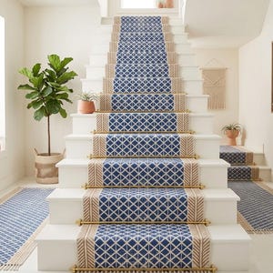 May include: A staircase with white steps is adorned with blue and beige patterned stair runners. The runners feature a geometric diamond design and are accented with brass rods. A matching rug is at the base of the stairs.