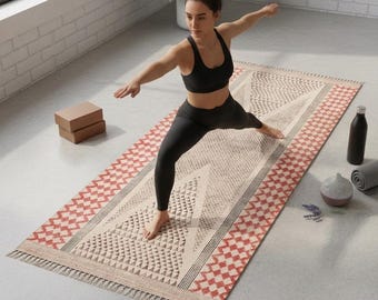Premium Cotton Yoga Mats for Women and Men,  Woven, Anti Skid backing, Light Weight, Machine Washable, Non Slip for Home Exercise & Pilates