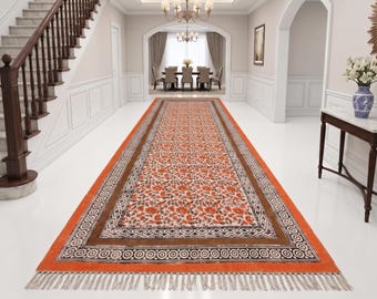 Handmade Block Printed Cotton Rug: Bohemian Floral Kilim, Flatweave Rug for living room, Dining room, Bedroom, Hallways Washable Cotton Rugs
