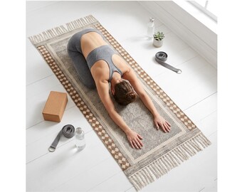 Organic Cotton Yoga Mat Runner Soft Washable Yoga Rug Natural, Hand Weaved and Fair Trade - Yoga, Exercise, Workout, Fitness Rug - Absorbent