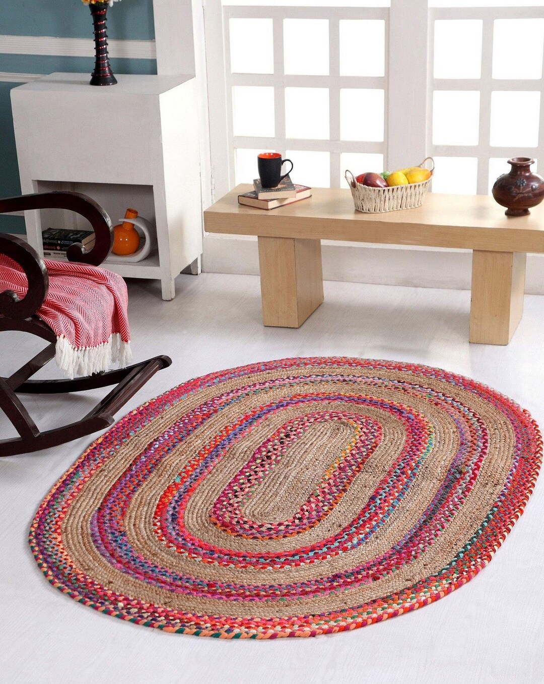 Hand Braided Oval Jute Rug Bohemian Colorful Cotton Chindi Etsy UK