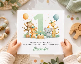 Personalised Age 1 Birthday Card for Great Grandson, Jungle Animals First Birthday Card, Custom Name Birthday Card, Watercolour Safari Card
