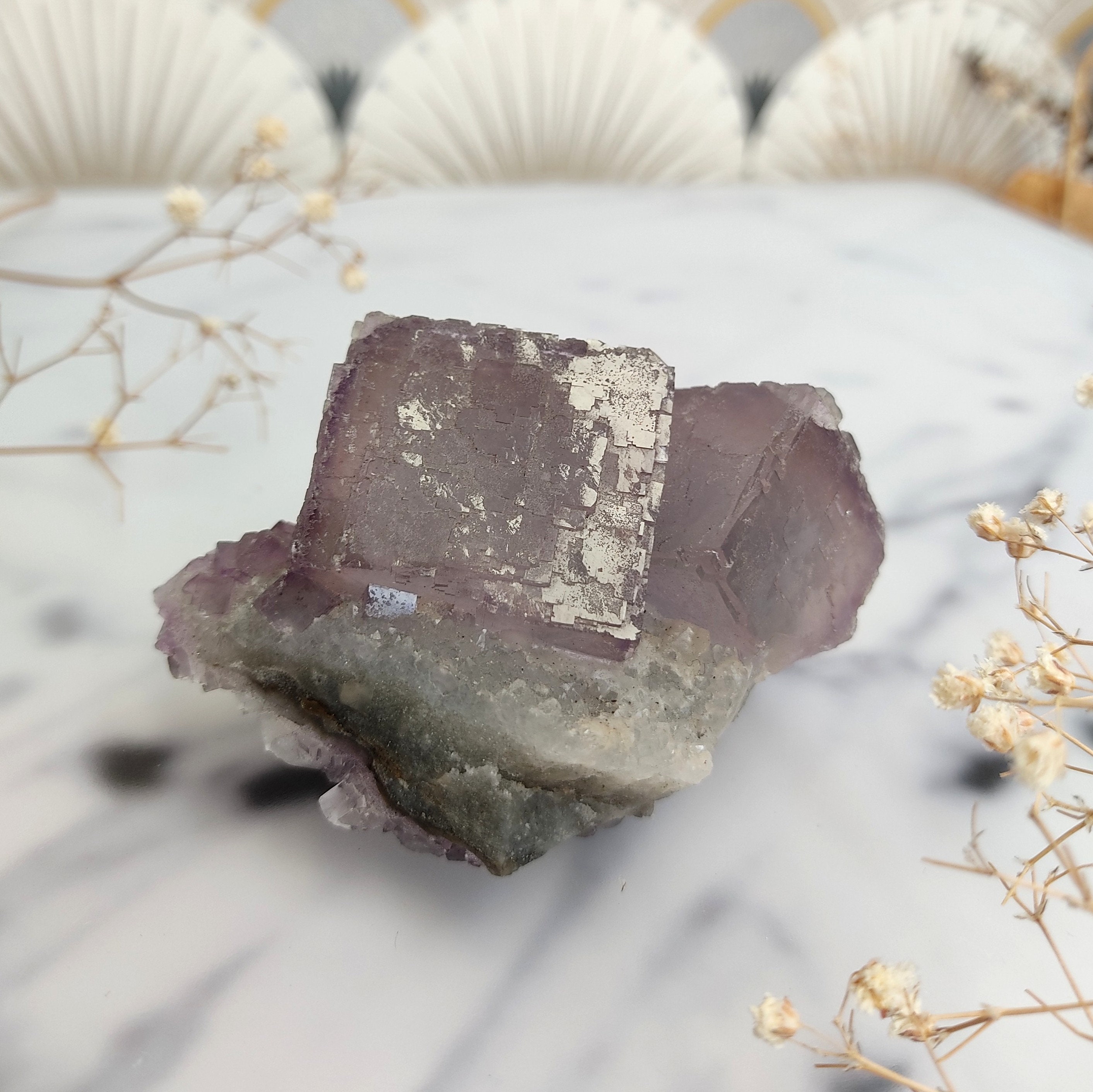 Purple Cubic Fluorite With Calcite