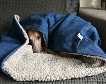 Handmade Blue Denim Dog Sleeping Bag with Gray Soft Teddy Lining Also to Take With You or Lay On The Couch Beloved by Whippets & Sighthounds