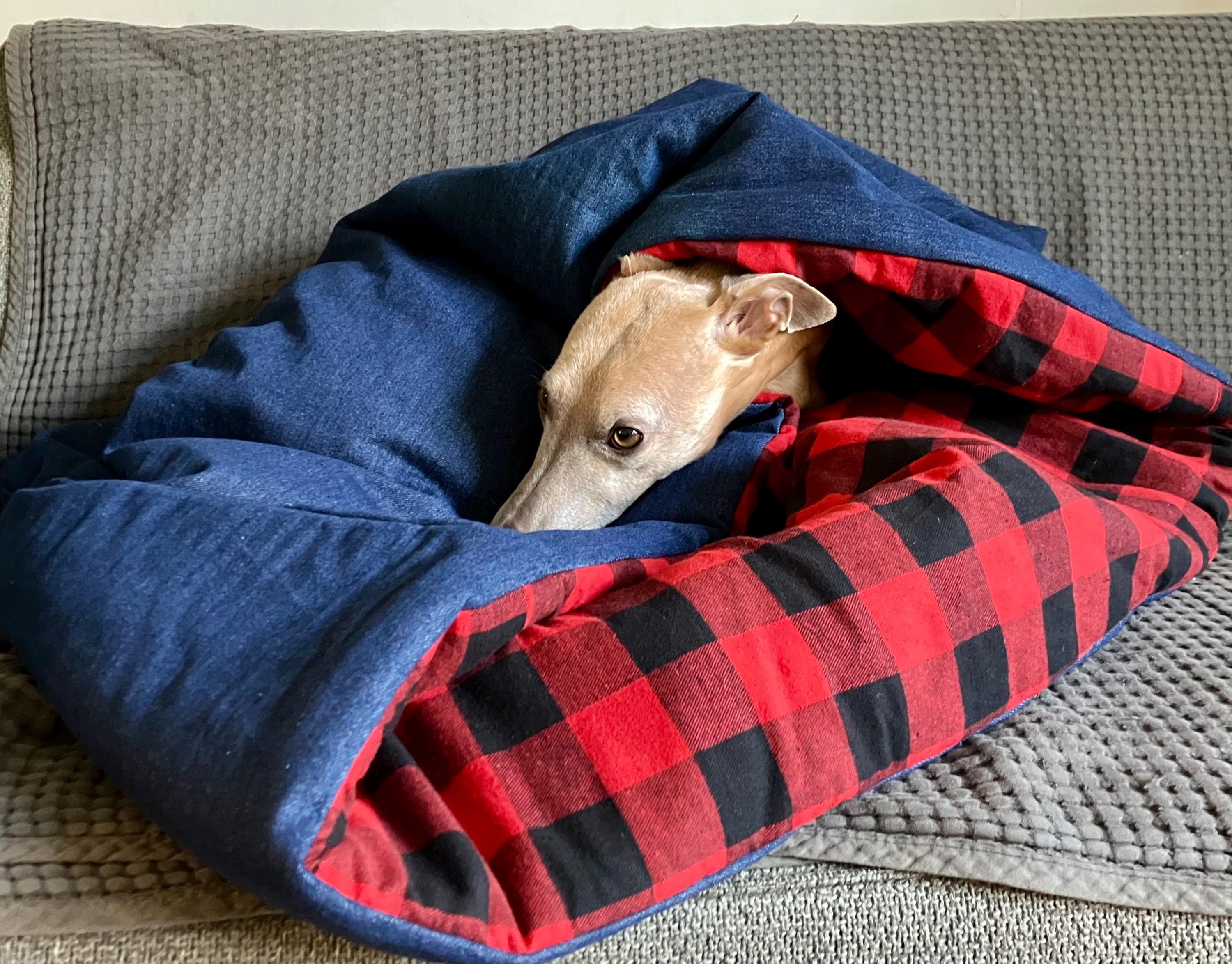 Lined Denim with Red Buffalo Plaid Dog Sleeping Bag Handmade Pet Bed Extra Comfortable by Fiberfill also loved by Cats