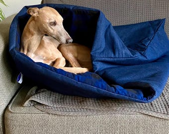 Dog Sleeping Bag of Denim and Blue Buffalo Plaid flannel Extra Warm and Soft Lined with Fiberfill for Our beloved Couch Potatoes