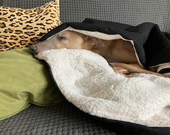 Handmade Dog Sleeping Bag Snuggle Sack Black Denim with Ecru Teddy Lining Nice and Warm and Soft for Pets also available with soft fiberfill