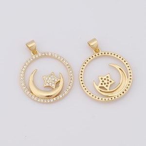 Gold Celestial Charms,18K Gold Filled Moon Pendant,Micropavé CZ Star Necklace for DIY Jewelry Making Supplies