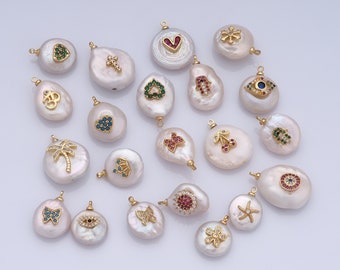 Natural Freshwater Pearl Charm,Organic Shaped Gold Filled Pearl Charm,Cross Tree Heart Evil Eye Jewelry Making Supplies