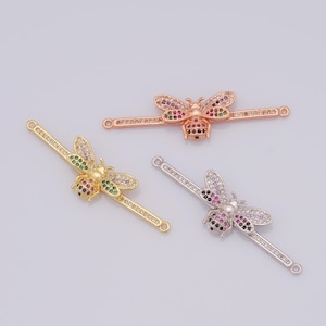 18K Gold Filled Bee Pendant Links,Micropavé CZ Minimalist Bee Pendant strip Connector Charms For Jewelry Making Supplies