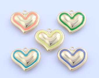 May include: Five heart-shaped charms with gold-colored metal and colorful enamel borders. The enamel colors include pink, green, yellow, teal, and blue. Each charm has a small loop at the top for attaching to jewelry.