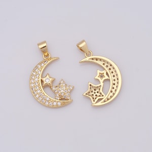 Gold Celestial Charms,18K Gold Filled Star Moon Pendant,Micropavé CZ Star Moon Necklace for DIY Jewelry Making Supplies