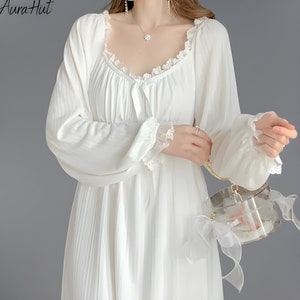 Women Nightgown, Victorian Nightie, Vintage Nightwear, Long Sleeve Night Dress, Loose White Nightdress, Loose Nightshirt