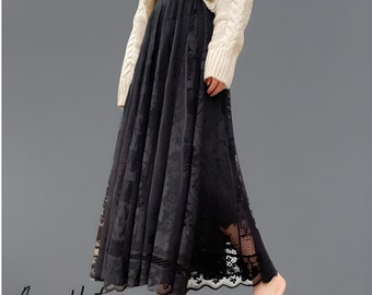 Fairy Cottagecore Maxi Skirt, High Waist Lace Skirt, Bohemian Hollow Out Long Skirt, Y2K Grunge Clothing