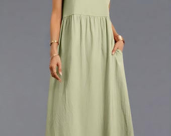 Frauen Sommer Maxi Kleid, Baumwolle Leinen Harajuku Boho Kleid, Y2K Taschen langes Kleid, Vintage Lockeres Sommerkleid