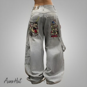 Oversized Baggy Jeans, Y2k Hip Hop Jeans, Harajuku Retro Skull Print, Gothic Streetwear, High-waisted Denim, Jeans With Big Pockets