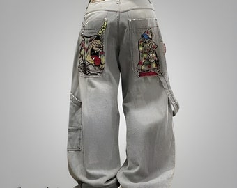 Oversized Baggy Jeans, Y2k Hip Hop Jeans, Harajuku Retro Skull Print, Gothic Streetwear, High-waisted Denim, Jeans With Big Pockets