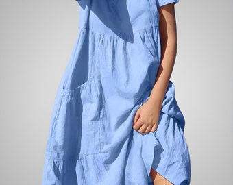 Vestido de mujer de gran tamaño de lino de algodón, vestido suelto casual para mujer, vestido midi de manga corta, vestido de playa de verano, vestido con bolsillos