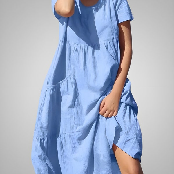 Cotton Linen Oversized Women Dress, Women Casual Loose Dress, Short Sleeves Midi Dress, Summer Beach Dress, Dress With Pockets