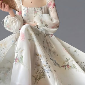 Fairy Milkmaid Cottagecore Dress, Floral Evening Party Dress, Long Sleeve Midi Dress, Casual Print Luxury Dress, Festival Dress