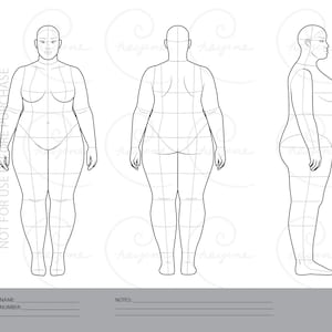 May include: A fashion design croquis template showing a plus-size female figure from front, back, and side perspectives. The template includes grid lines and spaces for style details. Text on the image reads "CROQUIS TEMPLATE" and "NOT FOR USE PURCHASE".