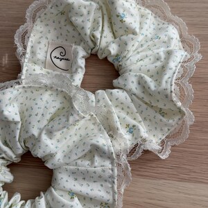 Large Cotton Blue Floral Hair Scrunchie with Lace Trim