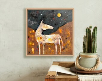 Star Gazer - Pittura astratta del cavallo - Arte originale - Cavallo con luna - Cavallo d'arte popolare - Arte della parete - Paesaggio astratto - Arte incorniciata