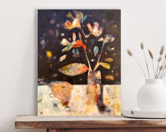 Tasse Tee - Pflanzenmalerei - Abstrakte Blumen - Blumenkunst - Originalkunst auf Leinwand - Wandkunst - Volkskunst - Blumen - Mischtechnik