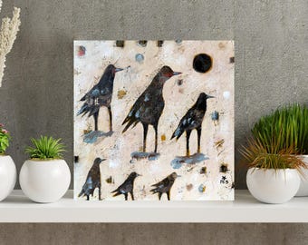 Crowquet - Abstract Crow Painting on Wood Panel - Mixed Media Art - Black Birds