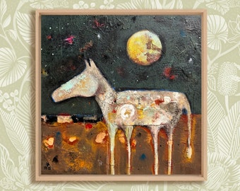 A través de los tulipanes - Pintura abstracta de caballos - Arte original - Caballo con luna - Caballo de arte popular - Arte de pared - Paisaje abstracto - Arte enmarcado