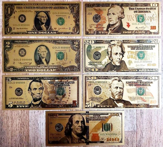 Billetes de oro USA, dinero falso cubierto con lámina de oro de 24  quilates, dinero coleccionable, precio por una serie de 7 piezas -   España
