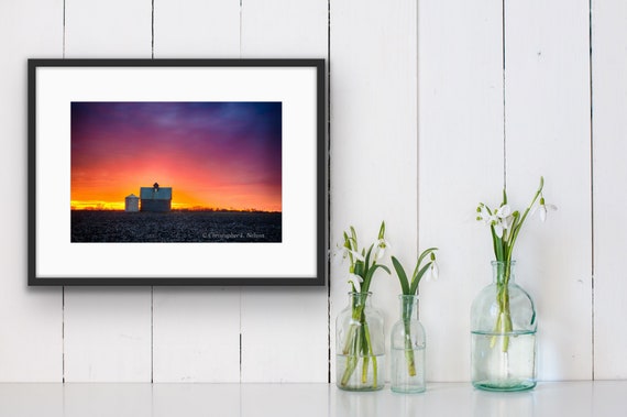 Corncrib Sunset Fine Art Print | Iowa Farm Landscape Photography | Rustic Country Wall Art