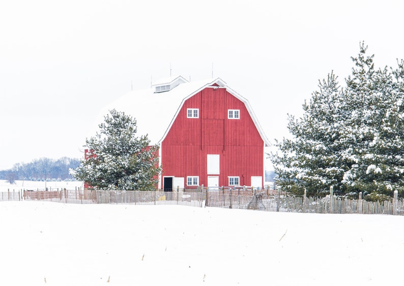 Rustic Red Barn Winter Landscape Print Weathered Red Barn Barn Art Rustic Farm Photo Farmhouse Décor image 2