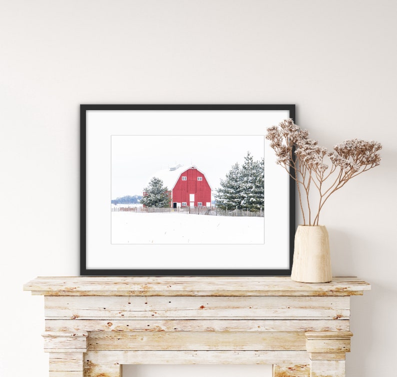 Rustic Red Barn Winter Landscape Print Weathered Red Barn Barn Art Rustic Farm Photo Farmhouse Décor image 3