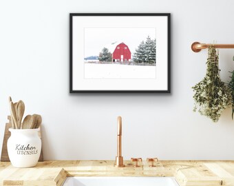Rustic Red Barn |  Winter Landscape Print | Weathered Red Barn | Barn Art | Rustic Farm Photo | Farmhouse Décor