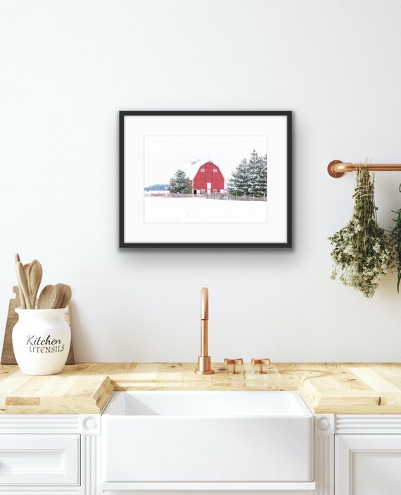 Red Barn Winter Print | Rustic Farm Landscape Photography | Country Wall Art