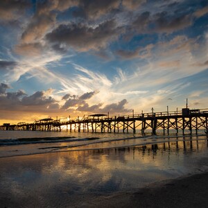Beach Sunset Print Modern Wall Art Coastal Landscape Pier at Sunset Seashore Photo Interior Design