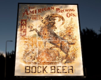 Antiqued Verre eglomise mirror with The American Brewing Co's St. Louis ABC Bock Beer - original made around 1890 - Advertising Poster