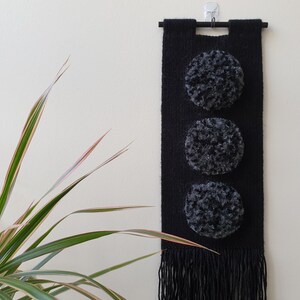 Small, narrow, black woven wall hanging. Handwoven vertical wall art. Fluffy tapestry wall decor for narrow wall. Small hallway ideas. image 2