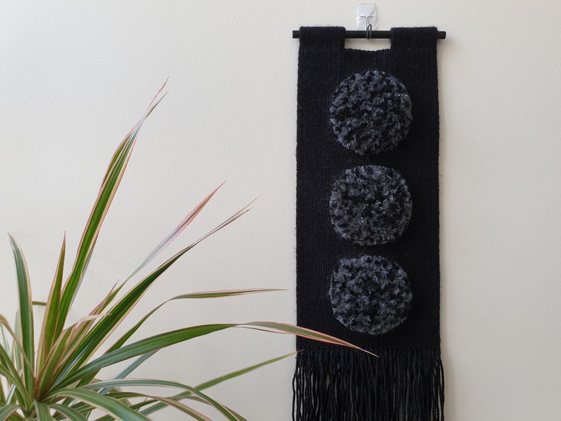 Small, narrow, black woven wall hanging. Handwoven vertical wall art. Fluffy tapestry wall decor for narrow wall. Small hallway ideas. image 2