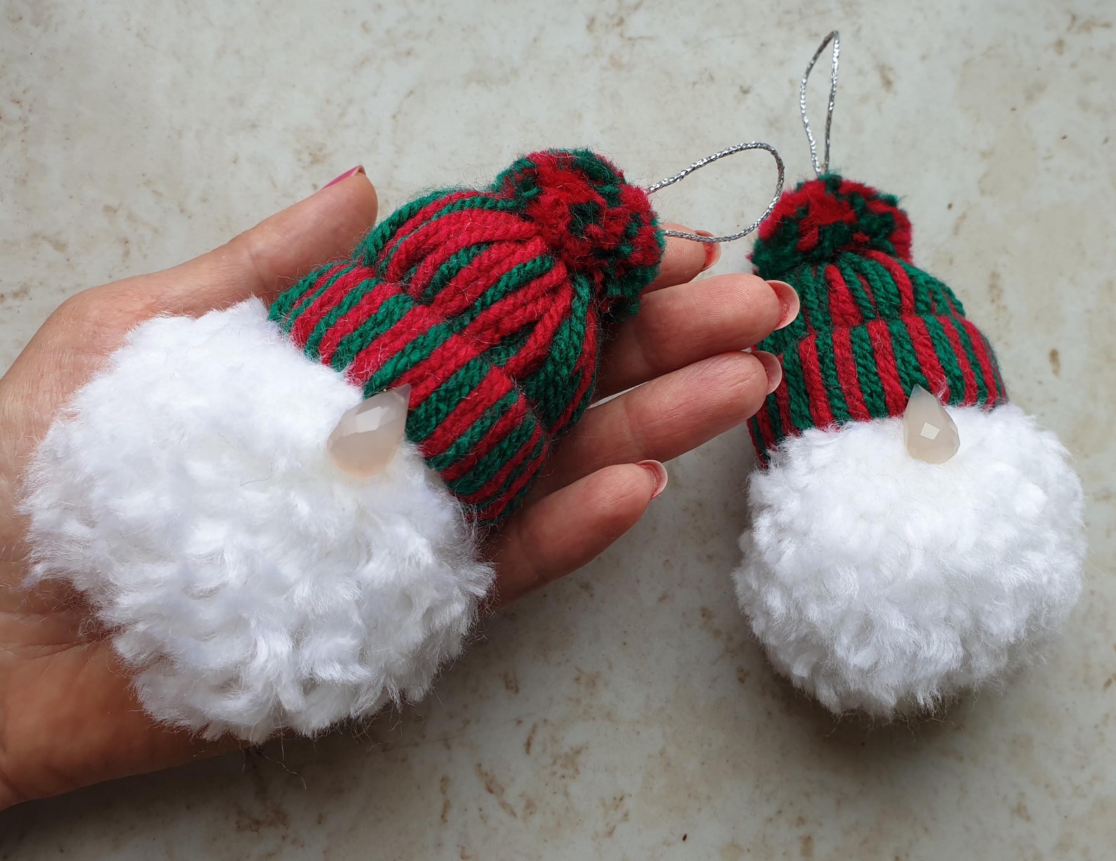 Set of 2 Yarn Pom Pom Gnomes. Christmas Gnome Ornaments. Handmade Yarn