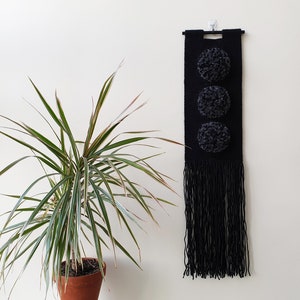 Small, narrow, black woven wall hanging. Handwoven vertical wall art. Fluffy tapestry wall decor for narrow wall. Small hallway ideas. image 1