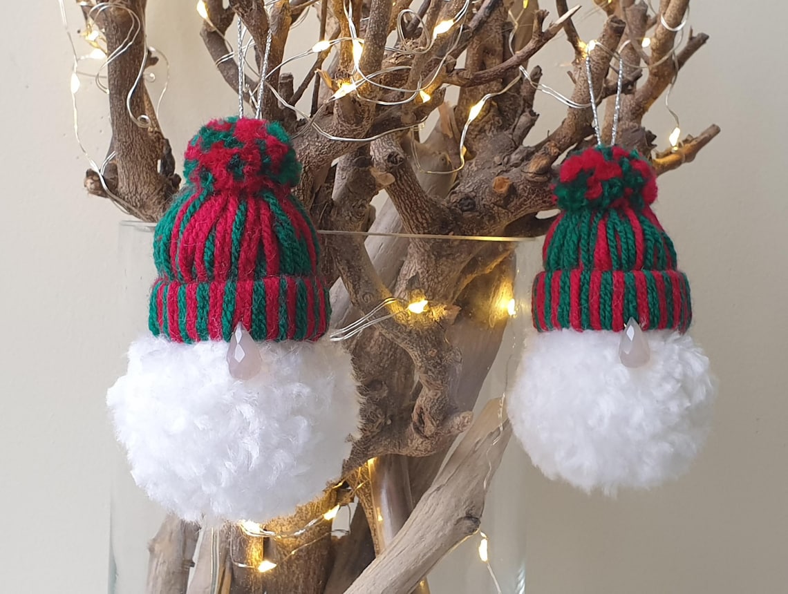 Set of 2 Yarn Pom Pom Gnomes. Christmas Gnome Ornaments. Handmade Yarn