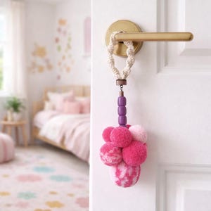 Big pink pom pom door knob hanger. Handmade yarn pom pom door knob decoration. Mini fiber art. Funny, cute door knob sign. Door knob decor.