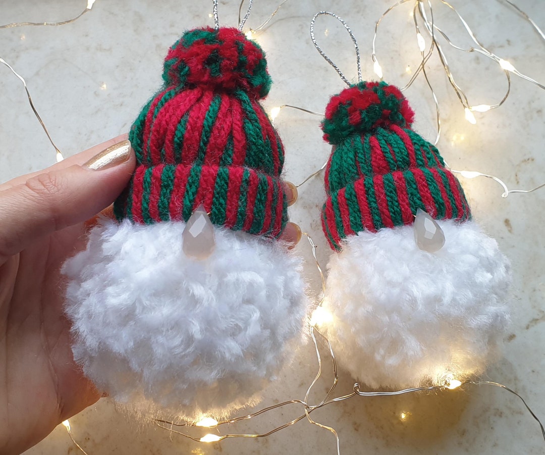 Set of 2 Yarn Pom Pom Gnomes. Christmas Gnome Ornaments. Handmade Yarn