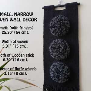 Small, narrow, black woven wall hanging. Handwoven vertical wall art. Fluffy tapestry wall decor for narrow wall. Small hallway ideas. image 3