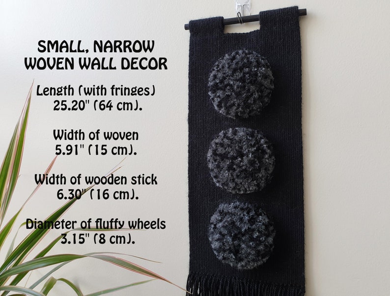 Small, narrow, black woven wall hanging. Handwoven vertical wall art. Fluffy tapestry wall decor for narrow wall. Small hallway ideas. image 3