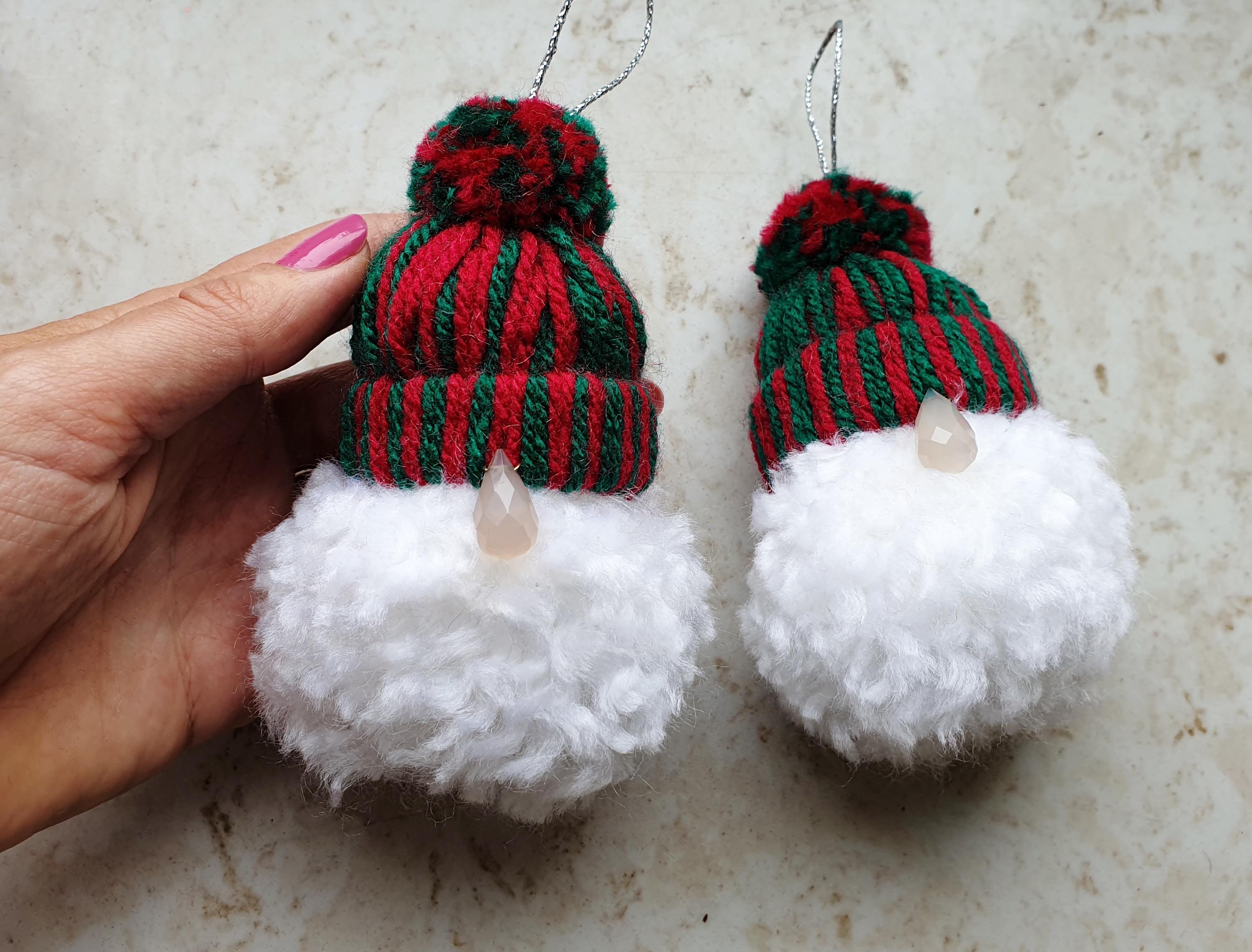 Set of 2 Yarn Pom Pom Gnomes. Christmas Gnome Ornaments. Handmade Yarn