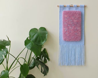 Long narrow blue and pink woven wall hanging. Hand woven vertical wall art. Fluffy, textured tapestry wall decor for living room, hallway.