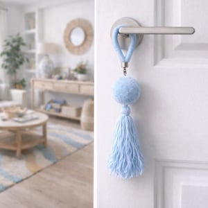 Big blue door knob tassel. Handmade yarn pom pom door knob hanger. Handmade wall hanging accent decor. Nap time sign for baby room, nursery.